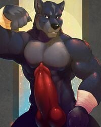 animal_genitalia animal_penis anthro big_penis canine canine_penis dwalker erection flexing furry huge_cock knot looking_at_viewer male male_only mammal muscular muscular_male penis smile solo standing