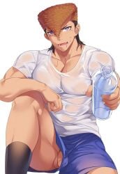 1boy absurdres alternate_costume bara black_hair blue_shorts blush bottle brown_hair collarbone covered_nipples danganronpa danganronpa:_trigger_happy_havoc etap flaccid grey_background hair_between_eyes highres holding holding_bottle incoming_drink knee_up large_pectorals lower_teeth_only male_focus male_only mondo_oowada multicolored_hair muscular muscular_male no_male_underwear oerba_yun_fang open_mouth pectoral_cleavage pectorals penis penis_peek penis_slip pompadour see-through shirt shorts simple_background sitting socks solo sweat teeth testicles uncensored water wet wet_clothes wet_shirt white_shirt