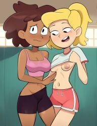 2girls aged_up amphibia amphibia_(series) anne_boonchuy asian asian_female beauty_mark belly_button blonde_hair breasts brown_hair chocolate_and_vanilla clothed concerned_look dark-skinned_female dark_hair dark_skin disney disney_channel disney_xd dolphin_shorts female female_focus female_only german_female gym_clothes lifting_shirt light-skinned_female light_skin looking_at_breasts looking_down mole_under_eye navel nervous nervous_face newguy1091 nipples one_breast_out pink_nipples ponytail sasha_waybright shirt shirt_lift short_shorts shorts spats tank_top thai thai_female tight_clothing