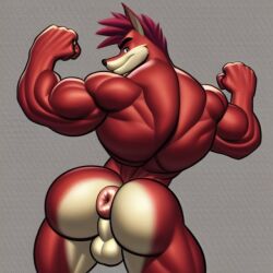 1boy ai_generated anthro anus ass ass_focus balls bandicoot bubble_butt crash_(series) crunch_bandicoot flexing frosting.ai fur furry furry_only gay looking_at_viewer male male_only marsupial muscular muscular_male puffy_anus simple_background solo tagme video_games