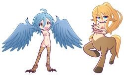 2022 2girls big_breasts bird bird_feet bird_girl blonde_hair blue_eyes blue_hair breasts centaur centorea_shianus claws commission equid_taur feathers female female_only furii_(artist) harpy horse humanoid light-skinned_female light_skin monster_girl monster_musume_no_iru_nichijou multiple_girls navel nipples nude nude_female papi_(monster_musume) pink_nipples ponytail pussy puyo_puyo_artstyle small_breasts style_parody taur transparent_background yellow_eyes