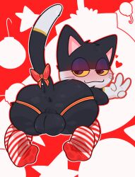 2d absurd_res animal_crossing anthro anus ass backsack balls bedroom_eyes big_ass big_balls black_body black_fur blushing bow_ribbon christmas clothing crushpepper digital_media_(artwork) domestic_cat feet felid feline fur furry genitals gloves_(marking) half-closed_eyes heart hi_res holidays jockstrap looking_at_viewer looking_back male male_only mammal markings mostly_nude musk musk_clouds nintendo on_front perineum presenting presenting_anus presenting_balls presenting_hindquarters punchy_(animal_crossing) raised_tail rear_view red_background simple_background smile smug smug_face socks solo sweat tail tail_bow underwear v v_sign whiskers yellow_sclera