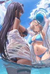 2girls alternate_costume arms_up ass asuna_(blue_archive) back ball bare_shoulders beach_ball bikini black_bikini black_hair blue_archive blue_bikini blue_eyes blue_ribbon blue_sky blush breasts choker cleavage commentary_request dark-skinned_female dark_skin eyewear_on_head grin hair_over_one_eye hair_ribbon halo highres karin_(blue_archive) large_breasts light_brown_hair long_hair long_sleeves looking_at_viewer looking_back multiple_girls navel off_shoulder open_clothes open_shirt ribbon shirt sideboob silver_bullet_(ecc12_8) sky smile sunglasses swimsuit thigh_strap thighs underboob very_long_hair wading water wet white_shirt yellow_eyes