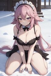 1girls ai_generated blush breasts female female_only genshin_impact kirill782 kneeling long_hair navel pink_hair purple_eyes snow solo stable_diffusion yae_miko