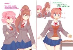 3girls brown_hair chubby chubby_female cookie doki_doki_literature_club eating eating_food implied_relationship lewddoodler monika_(doki_doki_literature_club) natsuki_(doki_doki_literature_club) pervert pink_hair sayori_(doki_doki_literature_club) school_uniform weight_gain