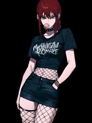 belly_button chainsaw_man fishnets glowing_eyes goth goth_girl makima_(chainsaw_man) miniskirt red_hair tight_clothing topwear yellow_eyes zeon_(zzeeonn)