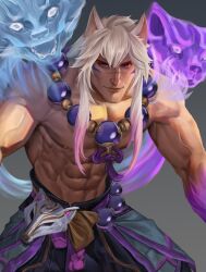 abs animal_ears bara bosoromantics chest japanese_clothes large_pectorals league_of_legends looking_at_viewer male male_focus male_only muscular_male nipples pecs pectorals sett solo solo_focus solo_male spirit_blossom_series spirit_blossom_sett white_hair