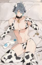 1boy abs alhaitham_(genshin_impact) bare_shoulders bikini blush bulge cow_ears cow_horns cow_print cow_print_bikini cowbell gay genshin_impact green_eyes grey_hair looking_at_viewer male male_only milk nipples one_nipple_out pecs thighhighs