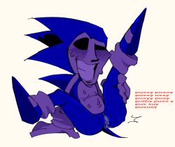 1boy anthro ass blue_body blush blush_lines butt cuntboy cuntboy_only eroclowne exposed_pussy gloves hedgehog humanoid intersex leg_up legs_apart legs_open legs_spread looking_at_viewer majin_sonic mobian_(species) plain_background purple_skin pussy_juice smiling sonic.exe_(creepypasta) sonic_(series) sonic_cd sonic_the_hedgehog_(series) sweating sweaty wet_pussy