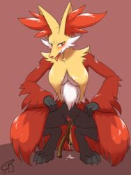 1girls 2018 anthro big_ears black_fur blush breasts canine coolryong dated delphox feet female female_only fox fur furry improvised_dildo improvised_sex_toy inner_ear_fluff insertion mammal nintendo paws pokémon_(species) pokemon pokemon_xy pussy pussy_juice red_fur smile solo squatting text tongue underboob video_games white_fur yellow_fur