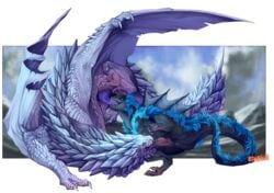 69_position anjanath bazelgeuse blue_hair capcom dragon duo feral hair hi_res male monster_hunter open_mouth oral ravoilie sex teeth tongue video_games wyvern yaoi