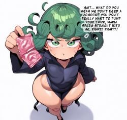 1girls adorable ai_generated anime anime_style animegirl condom condoms cute female girl green_eyes green_hair hips looking_at_viewer looking_up nervous nervous_expression nervous_face nervous_female nervous_sweat one-punch_man short short_hair shortstack small smaller_female smesh_(artist) sweat sweating sweaty tatsumaki text thick_thighs thighs tight_clothing white_background wide_hips