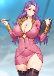 1girls breasts busty cleavage clipboard dress earrings fit_female gonster holding_clipboard holding_pen hourglass_figure large_breasts last_origin lemonade_alpha long_hair mature_female milf mole mole_under_eye office_lady pale-skinned_female pawg pen pink_dress purple_hair red_eyes skin_tight skirt_suit slim_waist thick_thighs thighhighs wide_hips