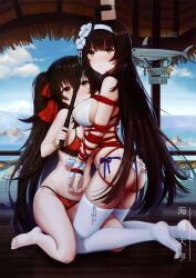 2girls arms_tied ass bikini black_hair bondage bondage bow_bikini bow_swimsuit bracelet breasts clouds girls'_frontline hair_ribbon hairband hand_on_ass haneru large_breasts long_hair looking_at_viewer midriff navel ocean outside phone red_bikini red_swimsuit rope rope_bondage selfie selfie_stick shibari_over_clothes side-tie_bikini side-tie_swimsuit sky swimsuit thighhighs twintails type_95_(girls'_frontline) type_97_(girls'_frontline) water white_bikini white_swimsuit yellow_eyes yuri