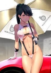 1girls black_hair blue_eyes breasts car female female_only fully_clothed gloves hairbow holding_umbrella houshou_(kantai_collection) kantai_collection large_breasts looking_at_viewer midriff navel one-piece_swimsuit ponytail race_car race_queen revealing_clothes skimpy_clothes swimsuit umbrella wa_(genryusui) white_one-piece_swimsuit white_swimsuit