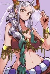 1girls aosora bandeau blue_hair bracelets braid breasts brown_eyes earrings female female_only harem harem_outfit hoop_earrings horns jewelry large_breasts long_hair looking_at_viewer midriff multicolored_hair navel necklace one_piece veil veil_lift white_hair yamato_(one_piece)