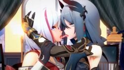 2girls 3d bags_under_eyes blue_eyes french_kiss grey_eyes grey_hair hand_on_arm hand_on_head hanya_(honkai:_star_rail) honkai:_star_rail honkai_(series) kissing long_hair looking_at_viewer miruno_(artist) short_hair tongue tongue_kiss tongue_out topaz_(honkai:_star_rail) white_hair