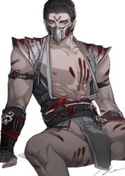 bi-han blood gay looking_at_viewer male_focus male_only mask mortal_kombat mortal_kombat_1_(2023) muscular_male netherrealm_studios pale-skinned_male pale_skin partially_clothed pecs solo_male sub-zero vampire white_background