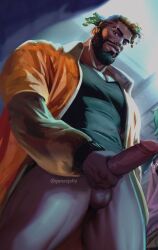 1boy balls big_balls big_penis clothed clothing cock dark-skinned_male edited_official_artwork gonzojelly hand_on_penis heartsteel_k'sante heartsteel_series jacket k'sante league_of_legends looking_at_viewer male_only masturbation muscular muscular_male pants_removed penis shirt solo_male touching_penis viewed_from_below