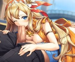 69 69_position animated animated_gif blonde_hair blue_eyes breasts_out cowgirl_position exposed_breasts fellatio gif headband kamihime_project kamihime_project_r long_hair looking_at_viewer one_eye_closed oral sucking_penis uncensored