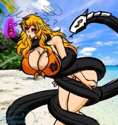 ? beach big_breasts bikini blonde_hair coiling constriction grimm_(rwby) huge_breasts hypnosis mind_control ocean outdoors outside restrained rwby snake spiral_eyes wrapped yang_xiao_long zarvex3