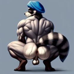 1:1 1boy ai_generated anthro anus ass ass_focus balls bara broly_culo frosting.ai fur furry furry_only gay grey_fur lowres male male_only muscular muscular_male raccoon self_upload simple_background sly_cooper sly_cooper_(series) solo squatting sweatdrop tagme tail video_games