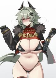 1girls big_breasts bikini blush brown_eyes caesar_king coat embarrassed gloves grey_hair hair_ornament looking_at_viewer open_clothes partially_clothed pointy_chin presenting ratatatat74 solo standing sweat thick_thighs zenless_zone_zero