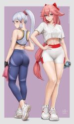 2girls ass breasts female female_only genshin_impact gym gym_uniform kamisato_ayaka multiple_girls sciamano240 sports_bra sportswear standing thick_thighs yae_miko