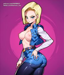 1girls ai_generated android_18 blonde_female blonde_hair blue_eyes breasts breasts_out dragon_ball dragon_ball_super dragon_ball_z earrings female jacket karmino medium_breasts no_bra only_female