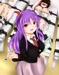 1other 2girls animal_ears areolae ball_gag blindfold bondage breasts brown_hair bunny_ears bunny_girl checklist clipboard clothed female_focus gag gagged gomikuzu japanese_text legs_tied long_hair multiple_girls nipples open_mouth pen purple_hair red_eyes reisen_udongein_inaba restrained short_hair straitjacket thighs tie tied_to_table touhou translation_request writing