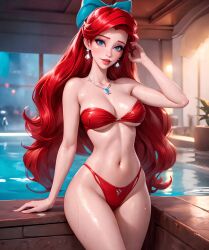 1girls ai_generated ariel ariel_(the_little_mermaid) beach bikini disney disney_princess female light-skinned_female light_skin long_hair pale-skinned_female pale_skin petite red_hair stable_diffusion the_little_mermaid the_little_mermaid_(1989_film)