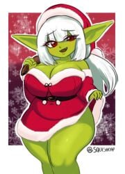 alternate_version_available bangs belt christmas christmas_outfit cleavage goblin goblin_female green_skin hips huge_breasts lifting_skirt plump ponytail red_eyes sharp_teeth shortstack smug squishcap_(artist) thick_thighs twitter_username white_hair wide_hips