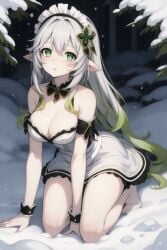 1girls ai_generated blush breasts female genshin_impact green_eyes green_hair hair_ornament kirill782 kneeling long_hair looking_at_viewer maid maid_headdress medium_breasts multicolored_hair nahida_(genshin_impact) pointy_ears snow solo stable_diffusion white_hair