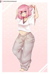 1girls belly_button doki_doki_literature_club feet female female_only human natsuki_(doki_doki_literature_club) pajamas petite petite_body petite_female pink_hair purple_eyes raionart short_hair small_waist solo tailwag teenager wide_hips