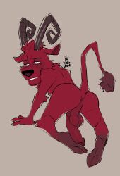 anthro ass balls blush caprine caprine_demon cute don't_starve dont_starve_together goat grey_background grinning horn k1ngl30n klei_entertainment looking_back male male_only penis red_fur simple_background tail wortox