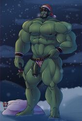 bears big_breasts big_penis candy christmas christmas_clothing christmas_headwear christmas_outfit cum facial_hair green_body green_skin hairy hairy_male huge_balls huge_cock huge_cock inayurinko male male_only muscles muscular_arms muscular_legs muscular_male muscular_thighs mythology nipples oc orc orc_male original_character pecs penis piercing precum solo solo_focus solo_male teeth teeth_showing testicles