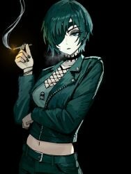 belly_button black_eyes black_hair bob_cut chainsaw_man cigarette dark_hair eyepatch goth goth_girl himeno_(chainsaw_man) jacket short_hair smoking topwear zeon_(zzeeonn)