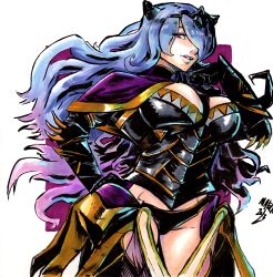 1girls absurdres armor bare_thighs black_armor black_panties breasts camilla_(fire_emblem) cleavage cowboy_shot female female female_only fire_emblem fire_emblem_fates gloves hair_over_one_eye hand_on_own_hip highres hip_armor inner_thighs large_breasts lips long_hair looking_at_viewer maeca_art mature_female nintendo open_mouth panties pelvic_curtain purple_eyes purple_hair revealing_clothes signature simple_background solo thighs tiara underwear wavy_hair