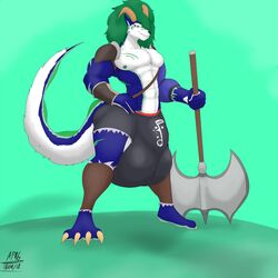 1boy angrypotato96 anthro axe bulge canine clothed clothing dragon hair horn hybrid hyper hyper_bulge male male_only mammal melee_weapon muscular muscular_male pecs scar smile solo standing weapon wide_hips