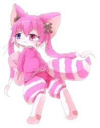 blue_eyes cat_busters cheshire_(cat_busters) feline female furry heterochromia kamawahi pink_hair red_eyes short_hair solo