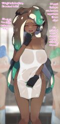 1girls absurdres blush breasts brown_skin cleavage covering_crotch dark-skinned_female dark_skin embarrassed embarrassed_nude_female enf english_text female fingerless_gloves gradient_hair hi_res high_resolution highres hizake huge_breasts indoors kashu_(hizake) long_hair marina_(splatoon) mole_under_mouth naked_towel navel nervous nervous_smile nintendo octoling pseudo_hair sauna see-through see-through_towel splatoon splatoon_(series) splatoon_2 standing sweat tentacle_hair third-party_edit towel translated wavy_mouth