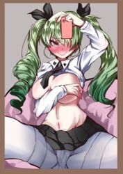 anchovy artist_request black_ribbon blush breasts cleavage covering covering_breasts curvy drill_hair eyebrows_visible_through_hair female female full-face_blush girls_und_panzer green_hair hair_ribbon large_breasts long_hair looking_at_viewer naughty_face partially_visible_vulva red_eyes ribbon school_uniform shiny shirt shirt_lift sitting smile solo twin_drills twintails