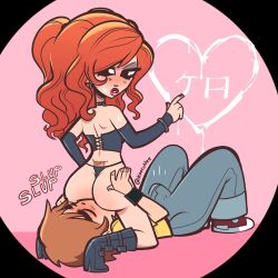 1boy1girl black_eyes brown_hair closed_eyes clothed envy_adams erection erection_under_clothes eyeshadow facesitting female female_on_top hand_on_butt kaerunee lipstick long_hair male nail_polish orange_hair red_lipstick red_nails scott_pilgrim scott_w_pilgrim sweat