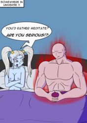 1boy 1girls alien alzar angel bed blue_skin breasts dragon_ball dragon_ball_super english_text female jiren male marcarita muscular text