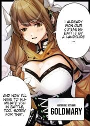 1girls bangs braid breasts brown_hair cleavage colorized english_text female female_only fire_emblem fire_emblem_engage goldmary_(fire_emblem) hair_over_shoulder large_breasts long_hair nintendo open_mouth side_ponytail solo text vofthefairfolk yellow_eyes