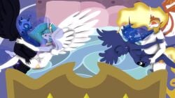 2futas 2girls 3d 3d_(artwork) alicorn anthro anthro_on_anthro anthro_penetrated anthro_penetrating anthro_penetrating_anthro armor big_breasts blue_body blue_skin breasts crown cutie_mark daybreaker_(mlp) equid equine eyes_closed female friendship_is_magic futa_on_female futanari gigantic_breasts hasbro horn incest intersex mammal my_little_pony nightmare_moon_(mlp) penetration princess_celestia_(mlp) princess_luna_(mlp) sex siblings sister sisters skippyarts small_breasts source_filmmaker white_body white_skin wings