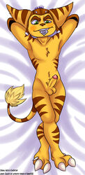 anthro balls condom dakimakura_design damian5320 daxratchet humanoid_penis lombax lying male male_only nude penis ratchet_(ratchet_and_clank) ratchet_and_clank solo video_games