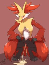 1girls 2018 anthro big_ears black_fur blush breasts canine coolryong dated delphox feet female female_only fox fur furry improvised_dildo inner_ear_fluff mammal nintendo paws peeing pokémon_(species) pokemon pokemon_xy pussy red_fur smile solo squatting text tongue underboob urine video_games watersports white_fur yellow_fur