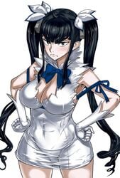 black_hair blue_eyes breasts cleavage cosplay crossover dress dungeon_ni_deai_wo_motomeru_no_wa_machigatteiru_darou_ka eyebrows female frown gloves hands_on_hips hestia_(danmachi)_(cosplay) kill_la_kill kiryuuin_satsuki large_breasts leopard_(artist) long_hair looking_at_viewer reoparudo ribbon solo thick_eyebrows tied_hair twintails white_dress white_gloves