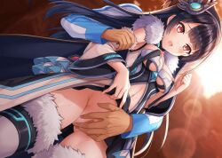 1boy1girl animated animated_gif black_hair breasts exposed_breasts faceless_male finger_fuck fingering fingering_partner gif grabbing_from_behind kamihime_project kamihime_project_r long_hair pussy red_eyes rubbing_pussy thighhighs uncensored